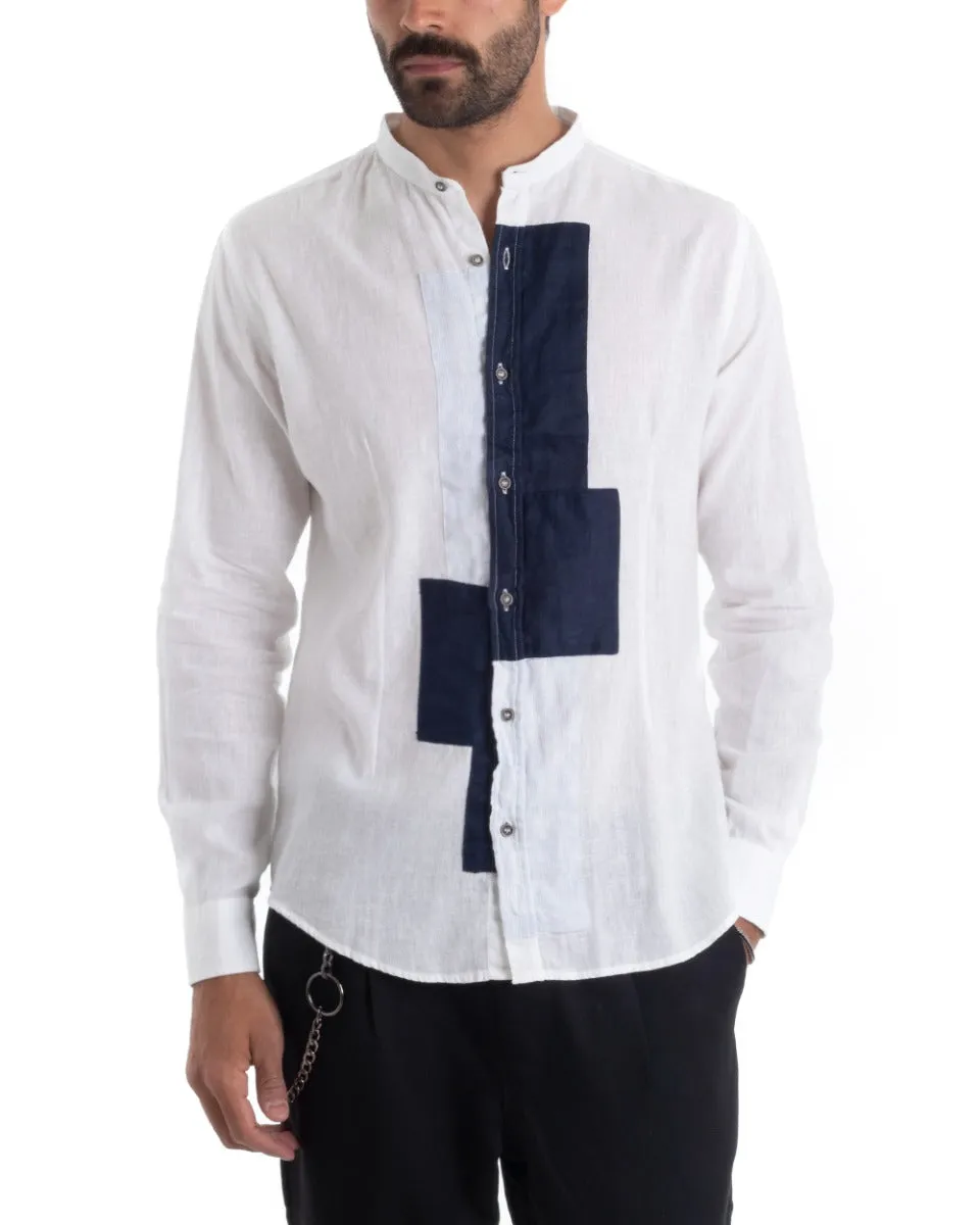 Camicia Uomo Lino Collo Coreano Manica Lunga Regular Fit Bianco Blu GIOSAL-C2430A