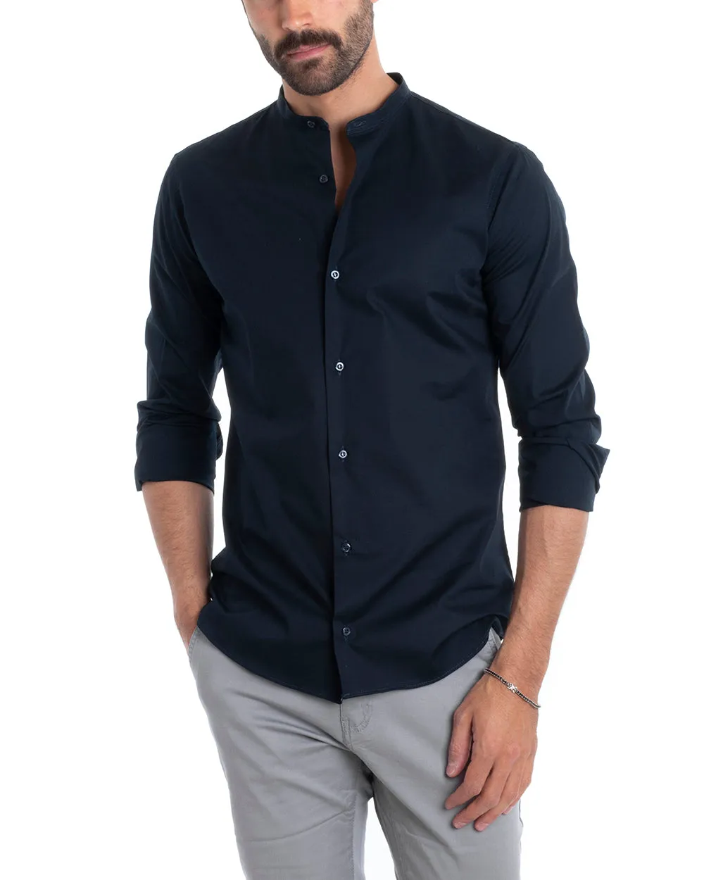 Camicia Uomo Sartoriale Collo Coreano Manica Lunga Basic Cotone Morbido Blu Regular Fit GIOSAL-C2374A