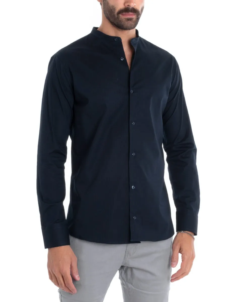 Camicia Uomo Sartoriale Collo Coreano Manica Lunga Basic Cotone Morbido Blu Regular Fit GIOSAL-C2374A