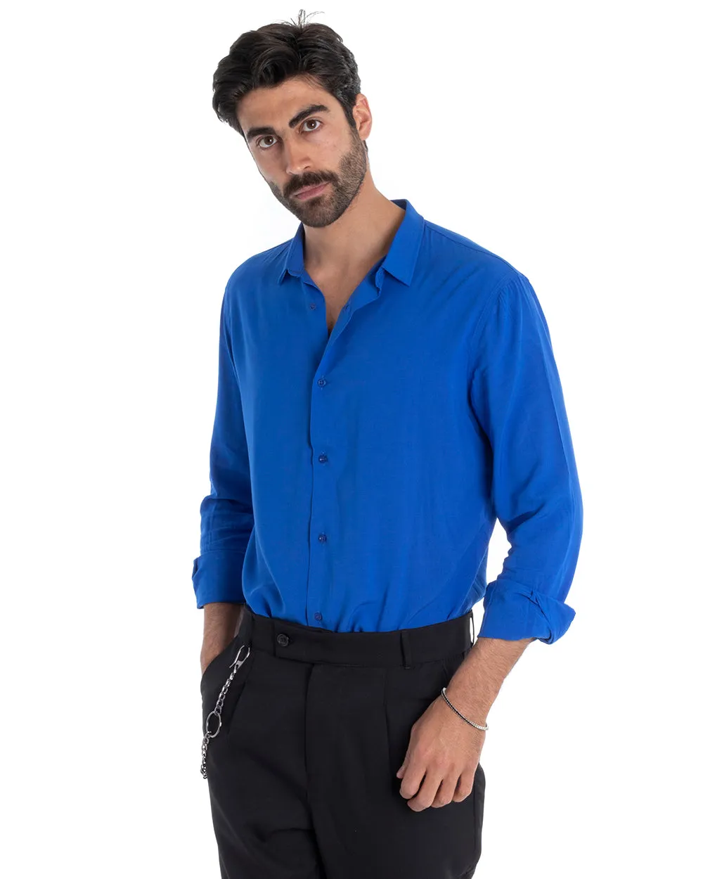 Camicia Uomo Sartoriale Con Colletto Manica Lunga Basic Viscosa Morbida Blu Royal GIOSAL-C2362A