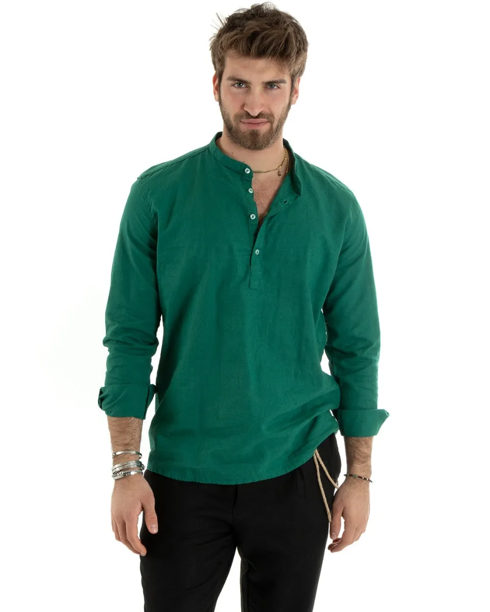 Camicia Uomo Serafino Casacca Manica Lunga Lino Tinta Unita Sartoriale Verde GIOSAL-C2813A