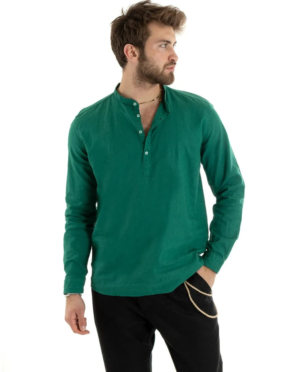 Camicia Uomo Serafino Casacca Manica Lunga Lino Tinta Unita Sartoriale Verde GIOSAL-C2813A