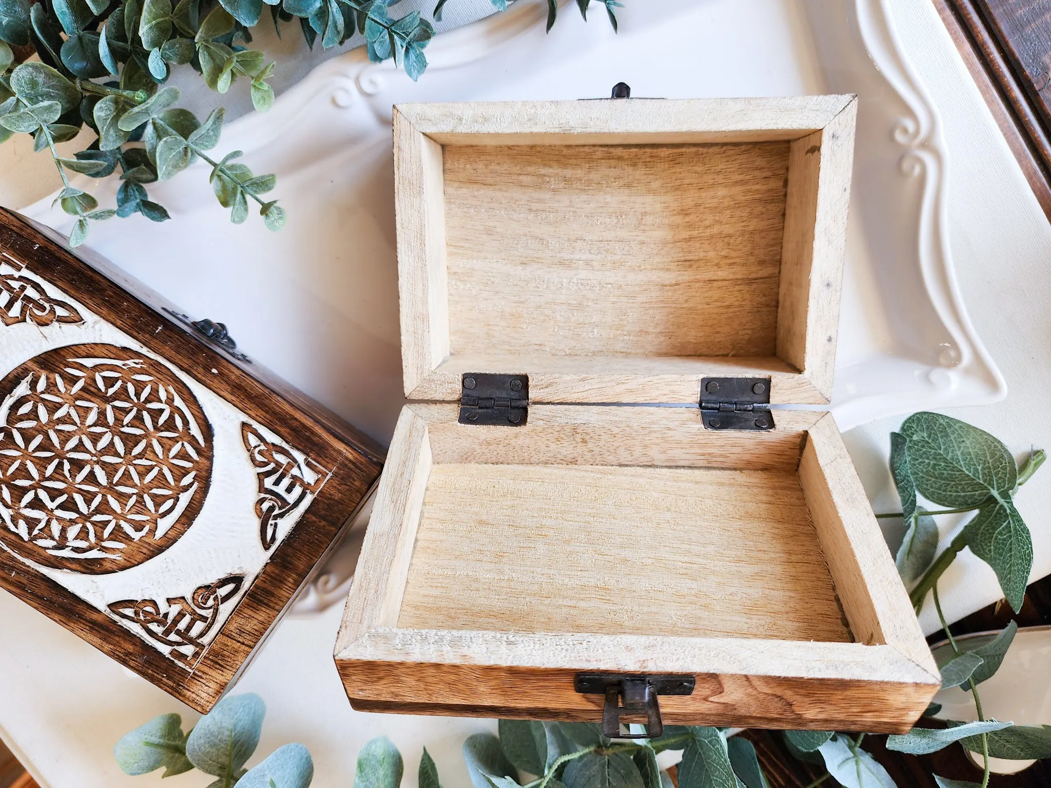 Carved Wood Box || Lotus & Flower of Life