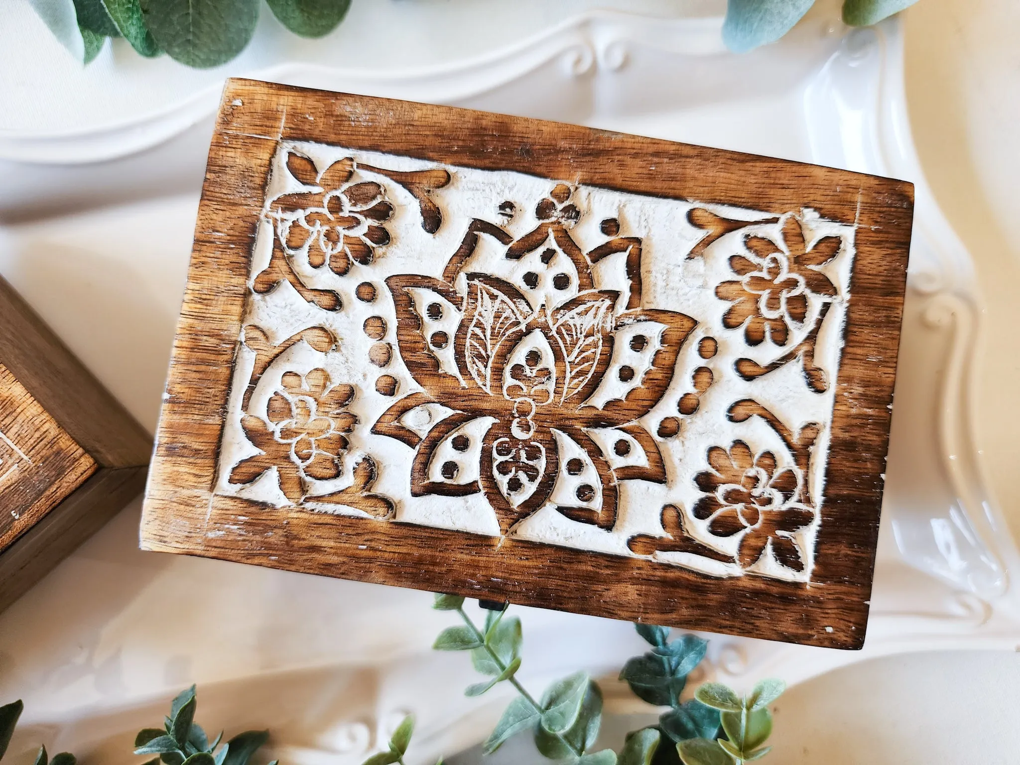 Carved Wood Box || Lotus & Flower of Life