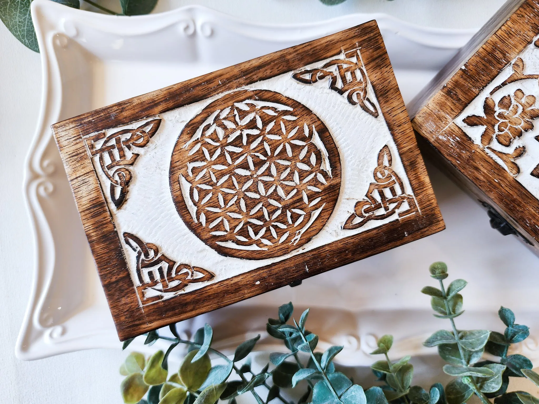 Carved Wood Box || Lotus & Flower of Life