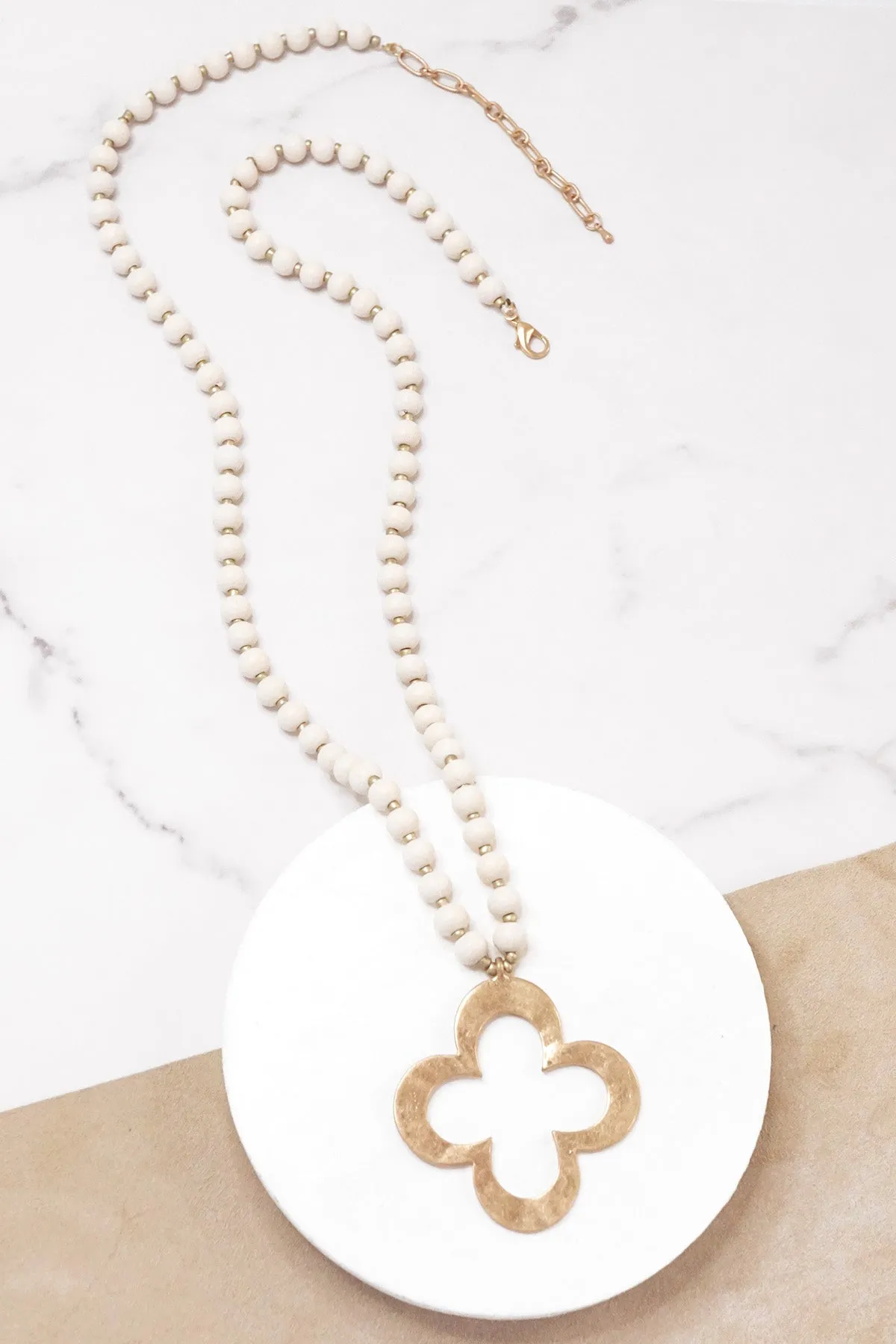 Clover Long Wooden Bead Necklace with gold Flower - Ivory Cream