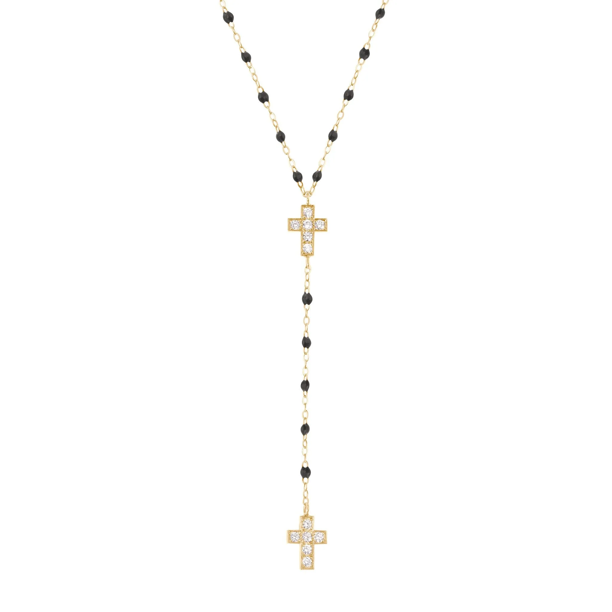 Cross Charm Classic Gigi Black diamond rosary, Yellow Gold, 16.5"