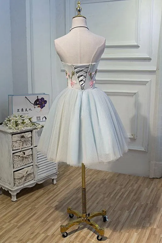 Cute Blue Strapless Tulle Homecoming Dresses with 3D Flowers Lace up Dance Dresses STK14970