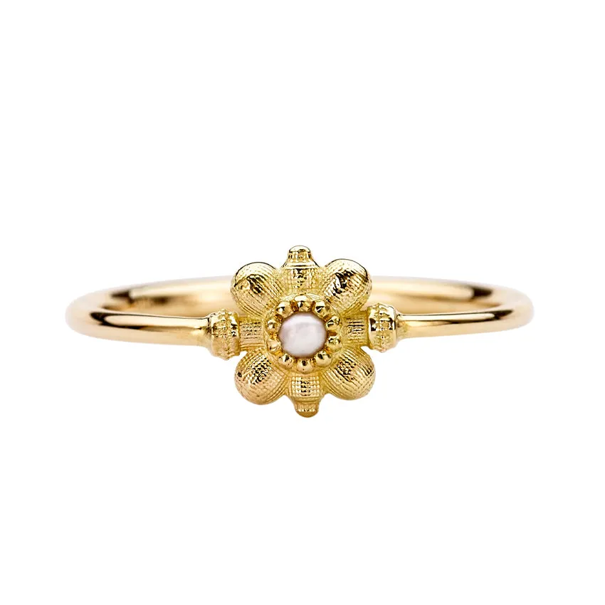 Dainty Gold Flower Ring - Seed Pearl Ring