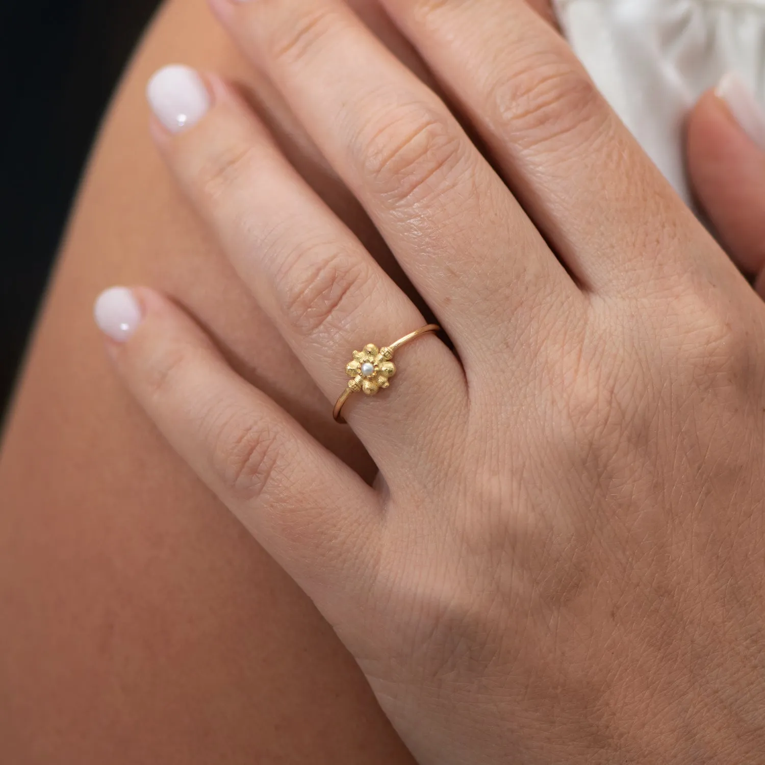 Dainty Gold Flower Ring - Seed Pearl Ring