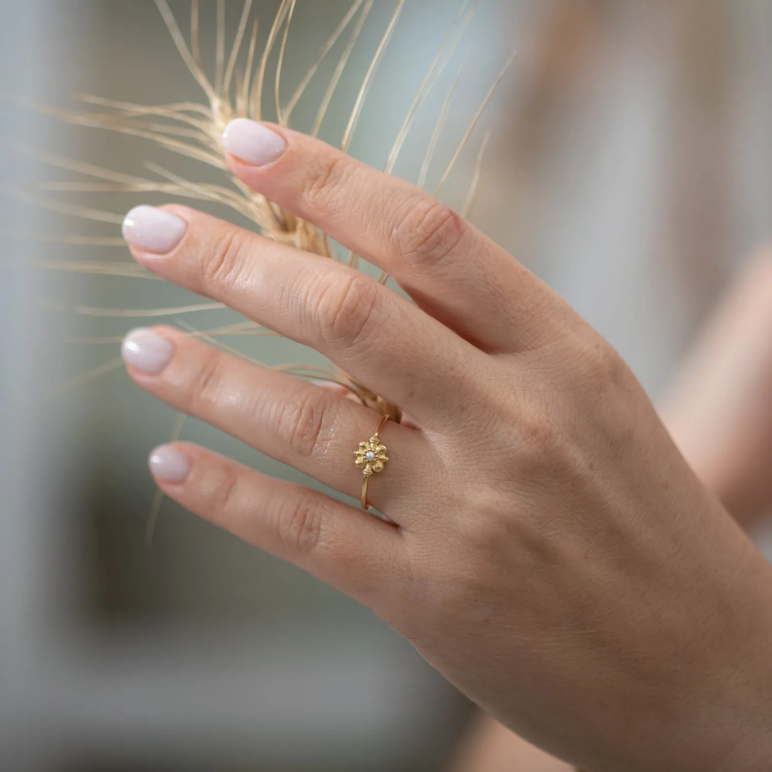 Dainty Gold Flower Ring - Seed Pearl Ring