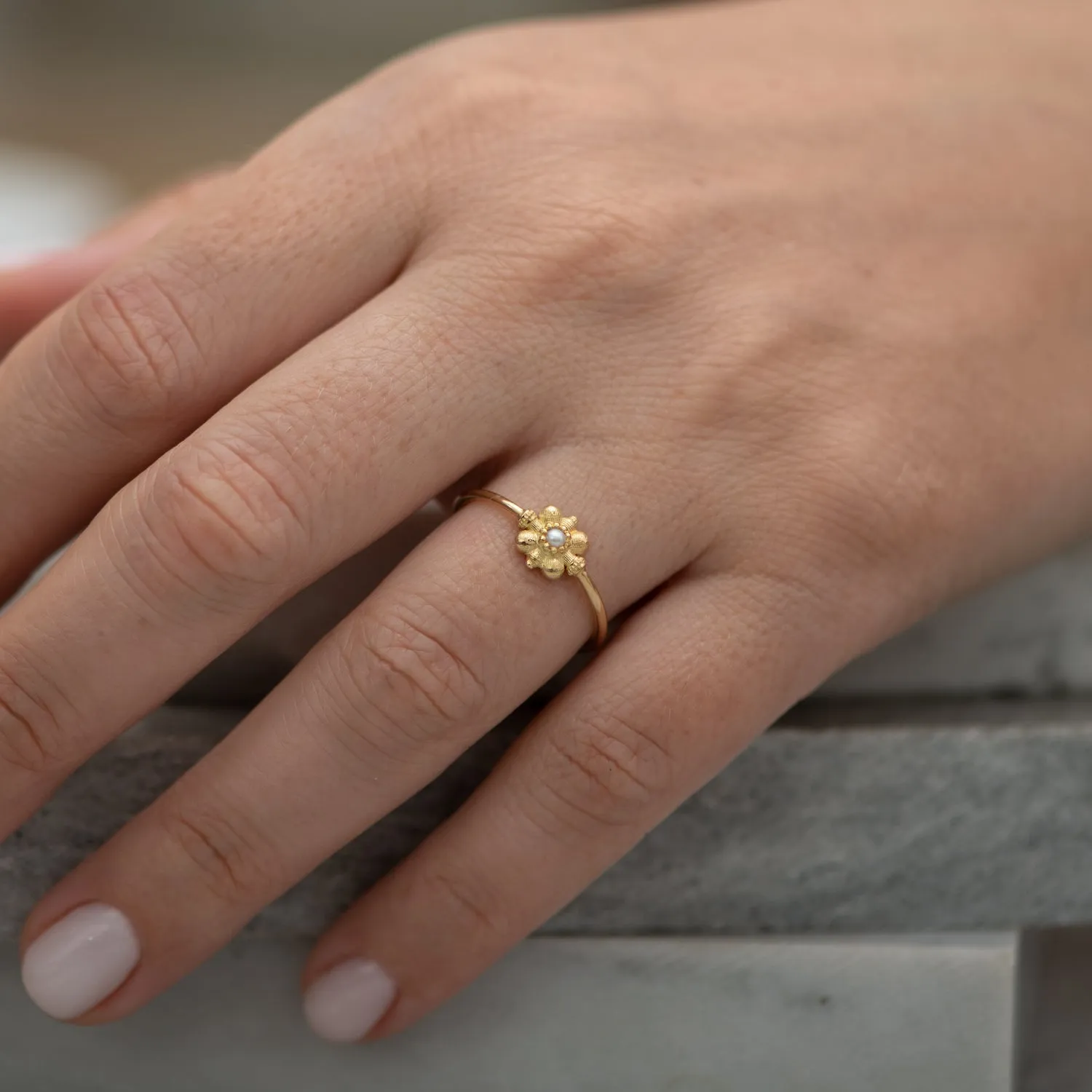 Dainty Gold Flower Ring - Seed Pearl Ring