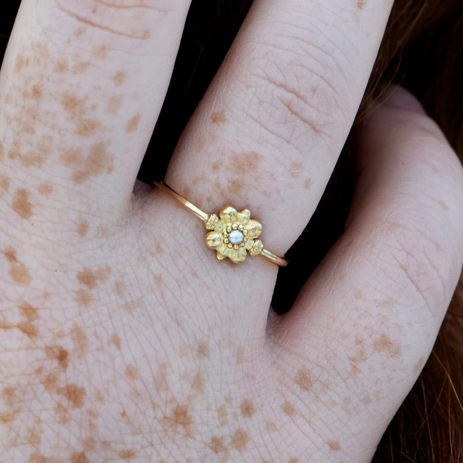 Dainty Gold Flower Ring - Seed Pearl Ring