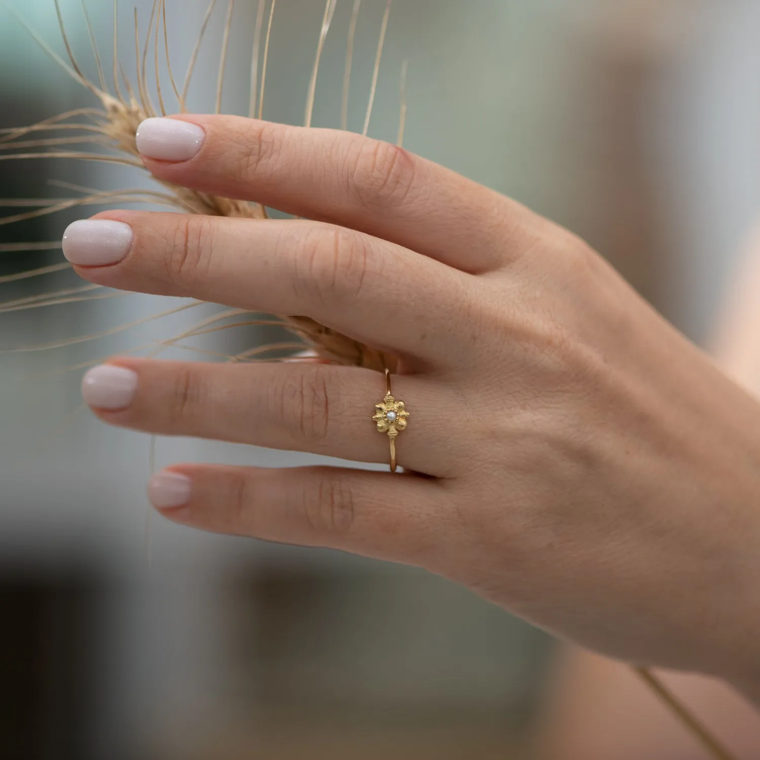 Dainty Gold Flower Ring - Seed Pearl Ring