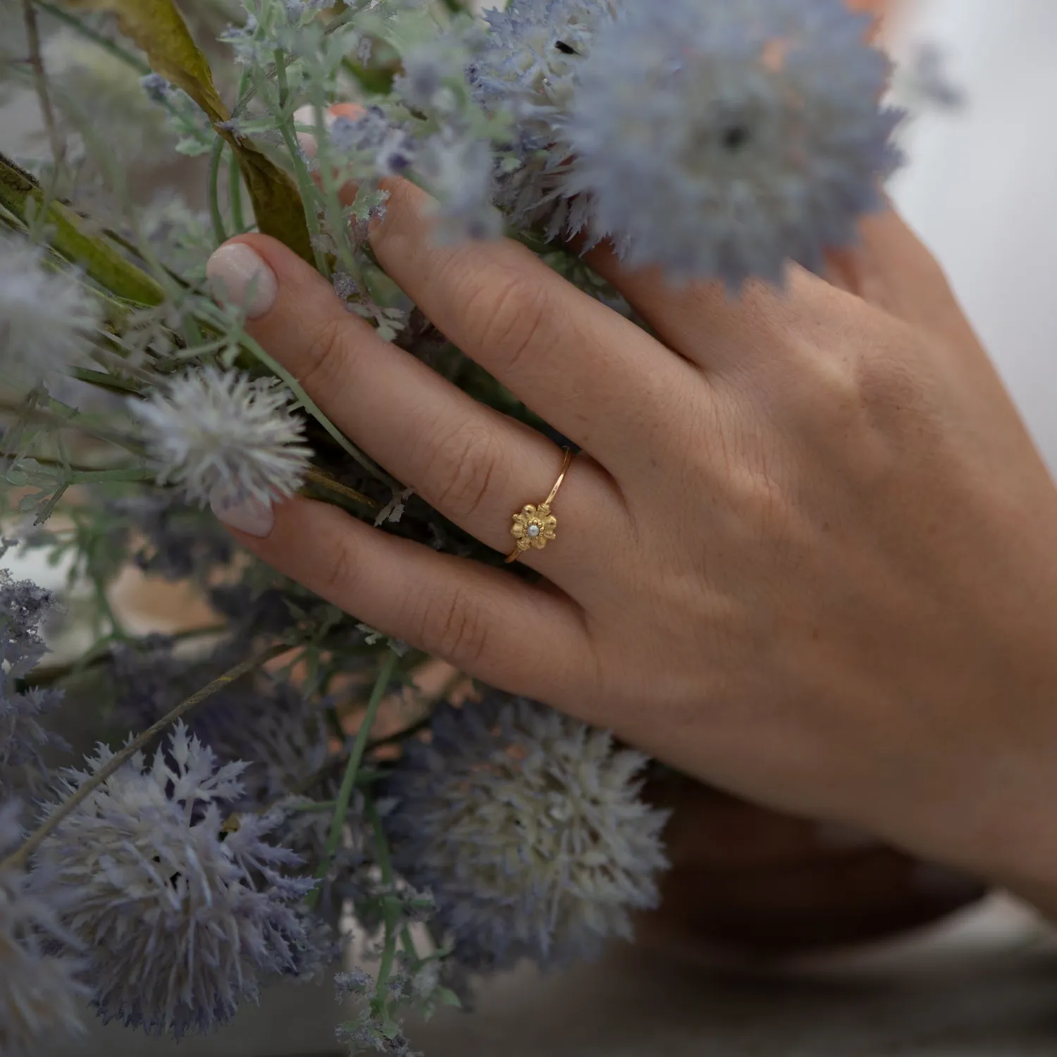 Dainty Gold Flower Ring - Seed Pearl Ring