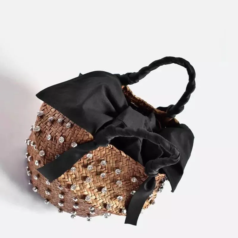 Diamond Decorated Straw Bucket Bag with Black Lining