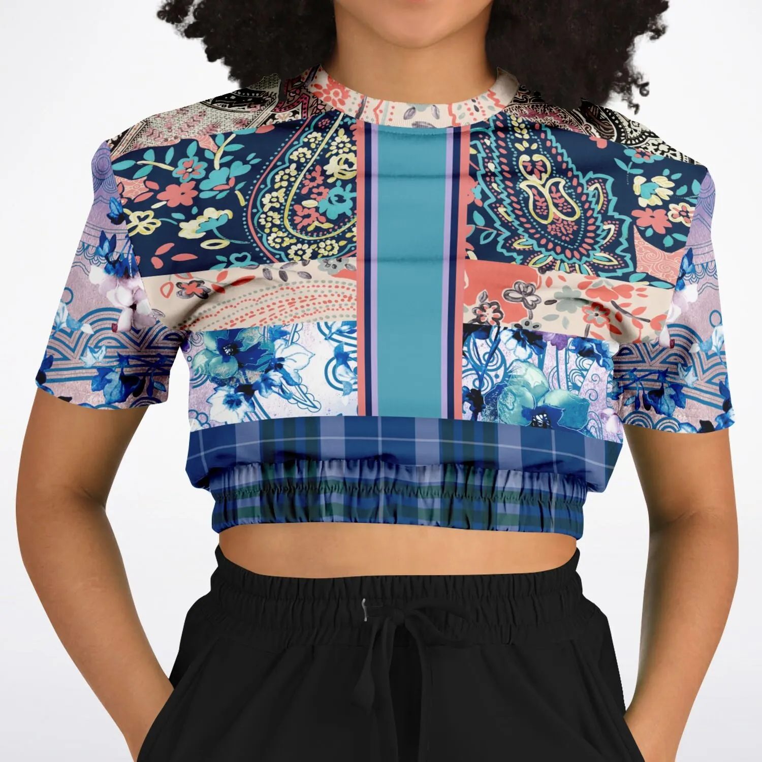 Dolores Park Paisley Plaid Short Sleeve Cropped Eco-Poly Sweater