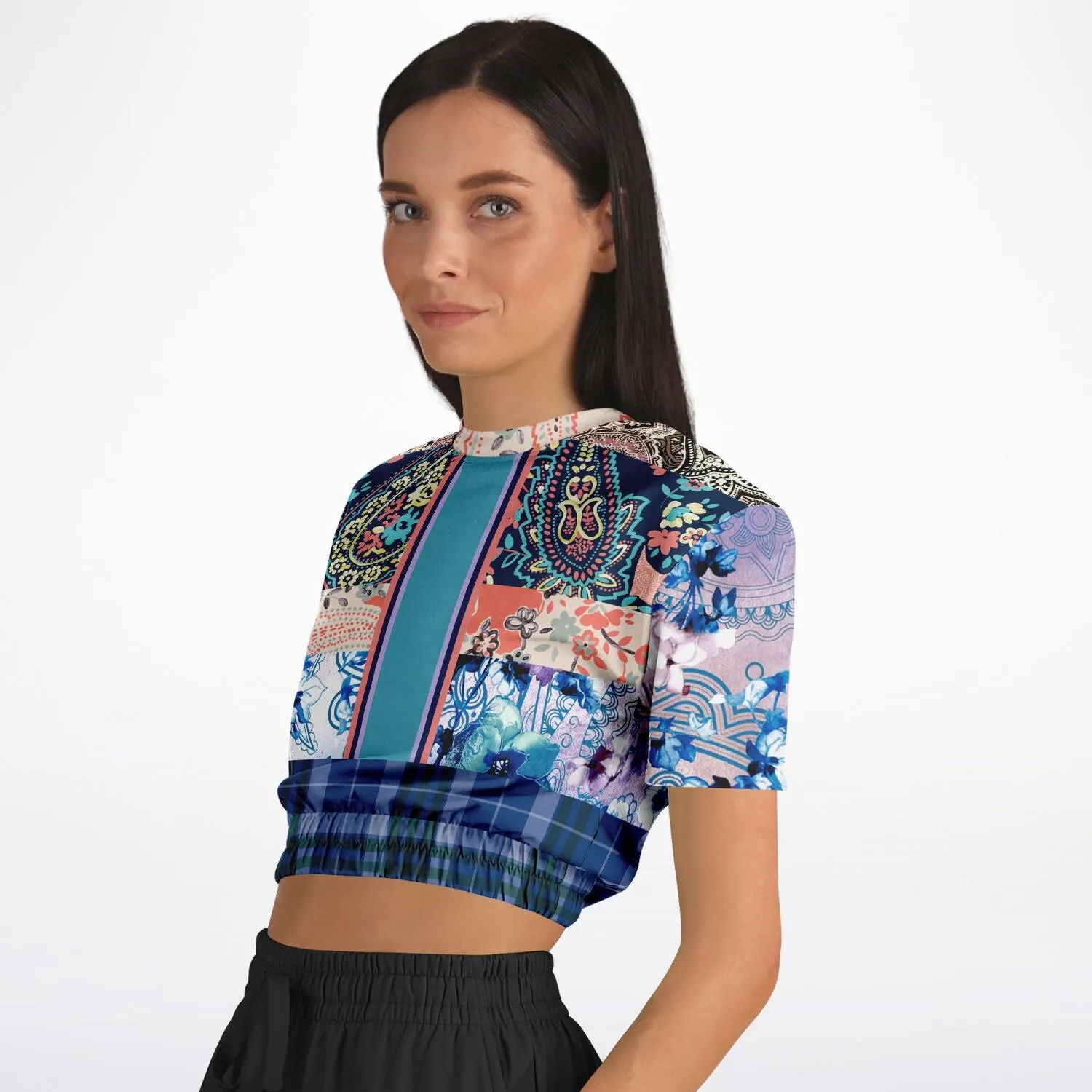 Dolores Park Paisley Plaid Short Sleeve Cropped Eco-Poly Sweater