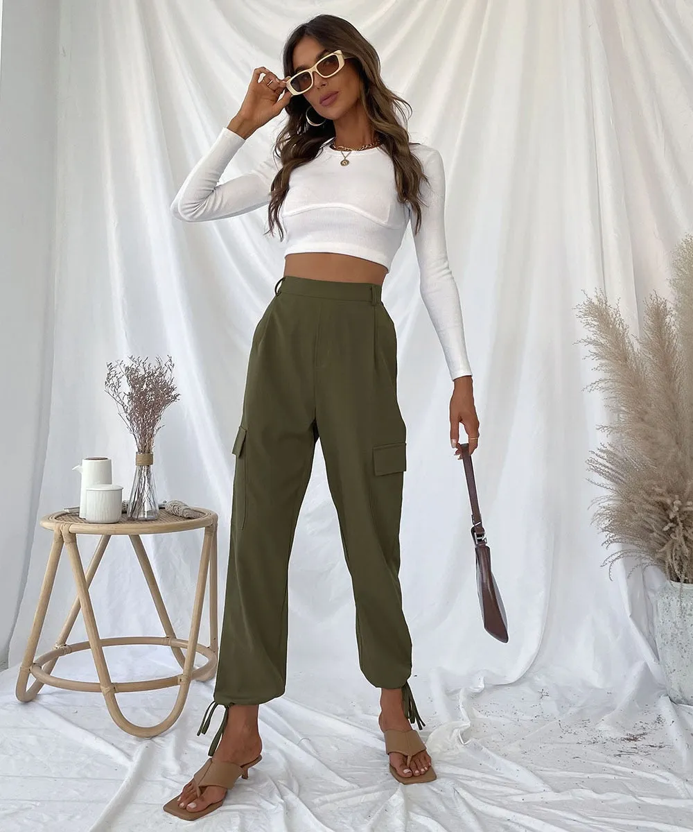 DressBetty - Drawstring Hem Solid Cargo Pants