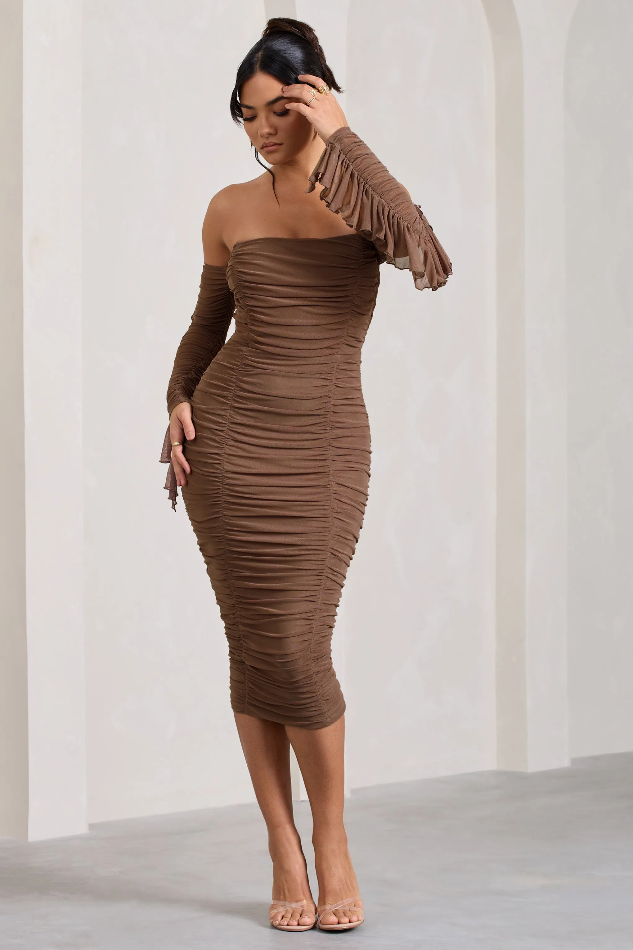 Favor | Mocha Ruched Mesh Bardot Midi Dress