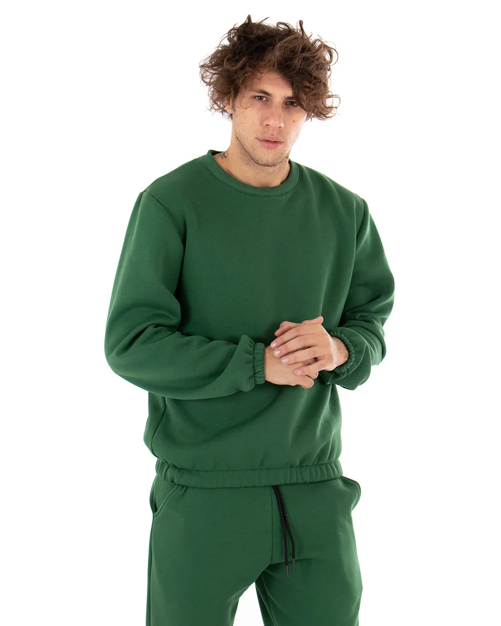 Felpa Uomo Girocollo Maglia Felpata Basic Tinta Unita Verde Regular Fit GIOSAL-F2878A