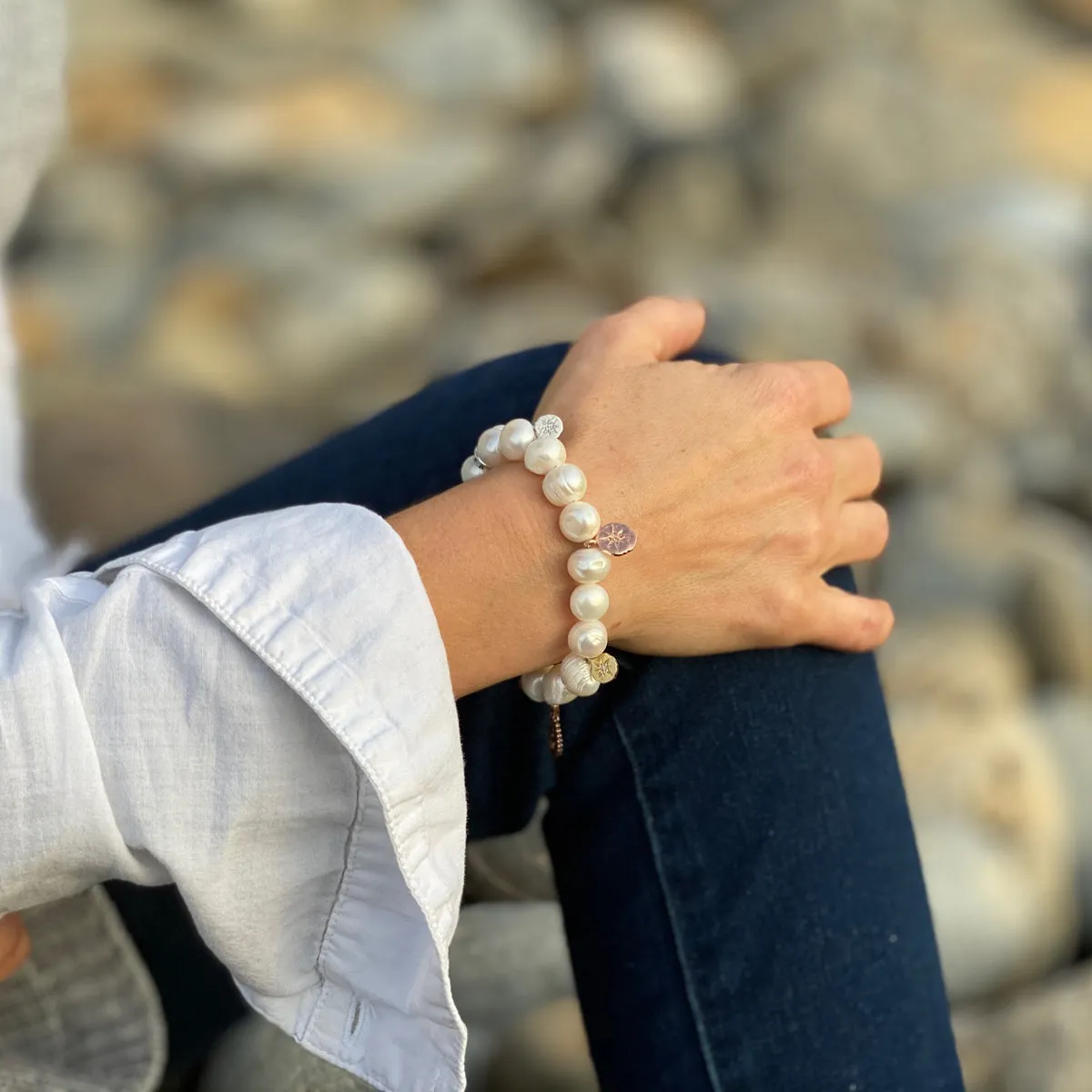 Find Your True North Pearl Bracelet with Silver, Gold, Brass and Rose Gold Charms