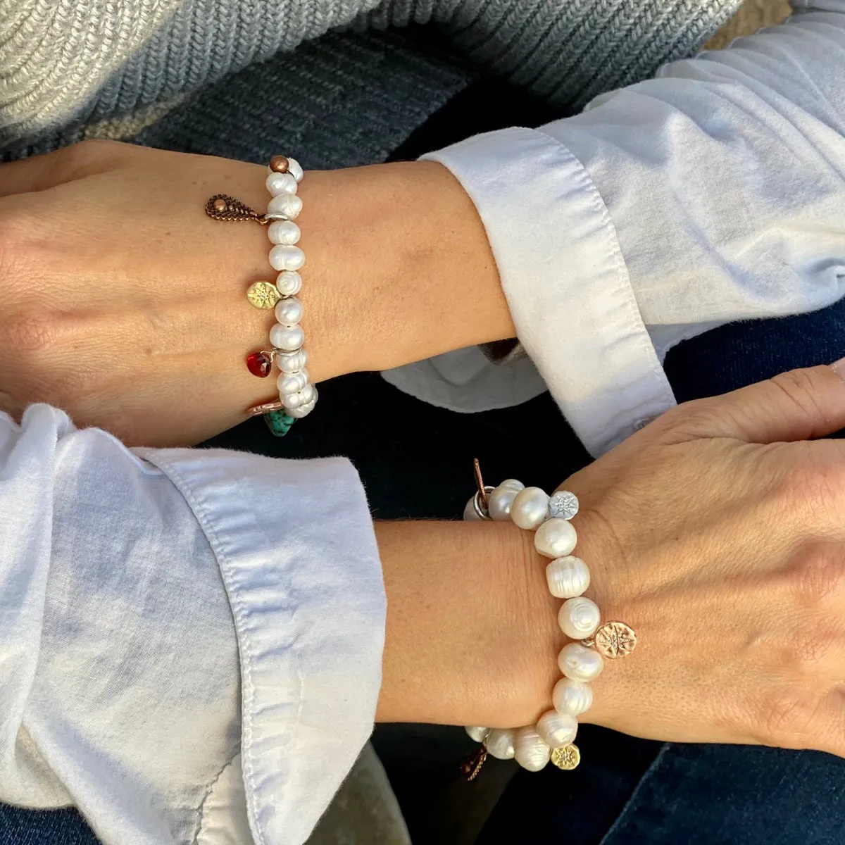 Find Your True North Pearl Bracelet with Silver, Gold, Brass and Rose Gold Charms