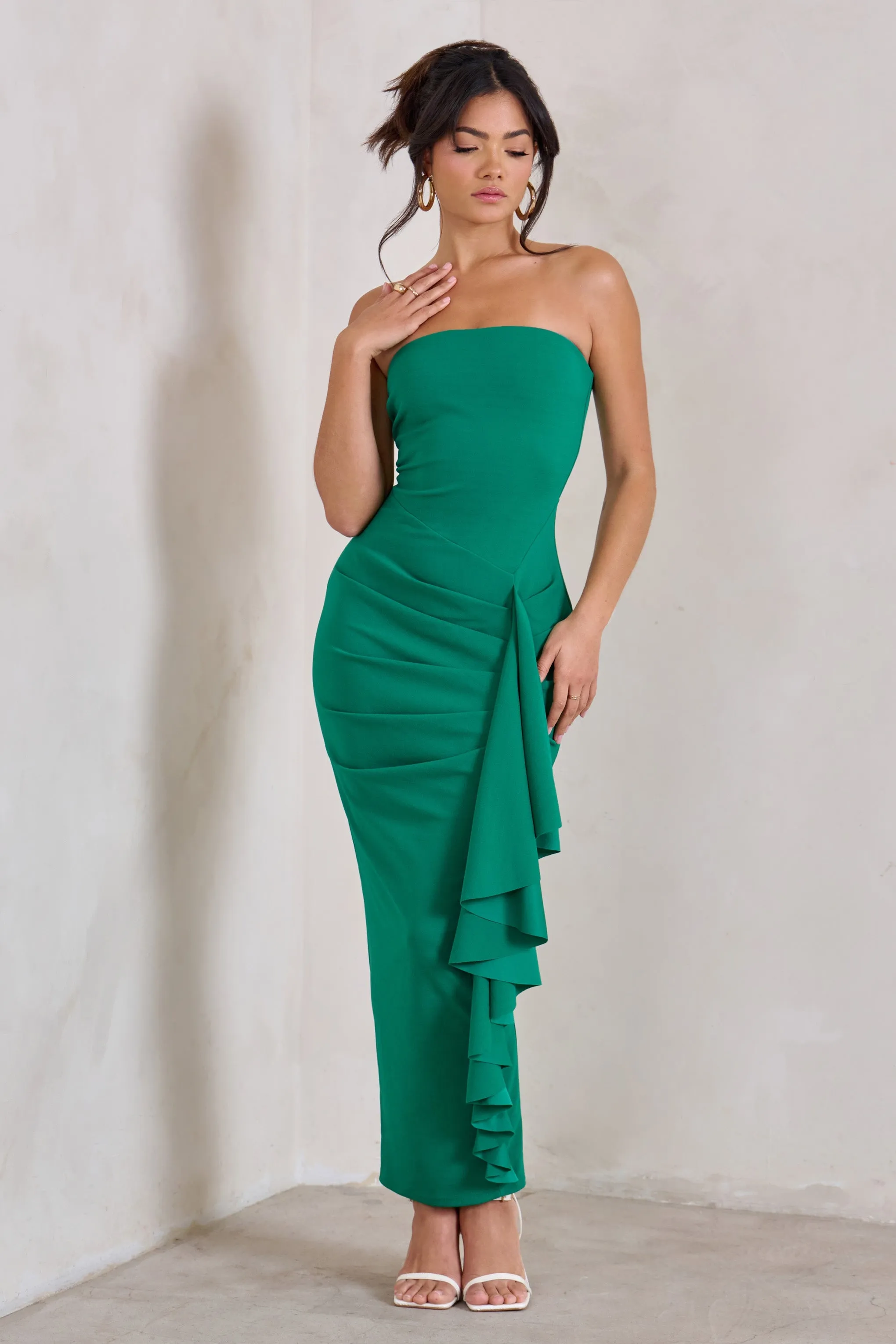 Fleur | Green Bandeau Ruffle Maxi Dress