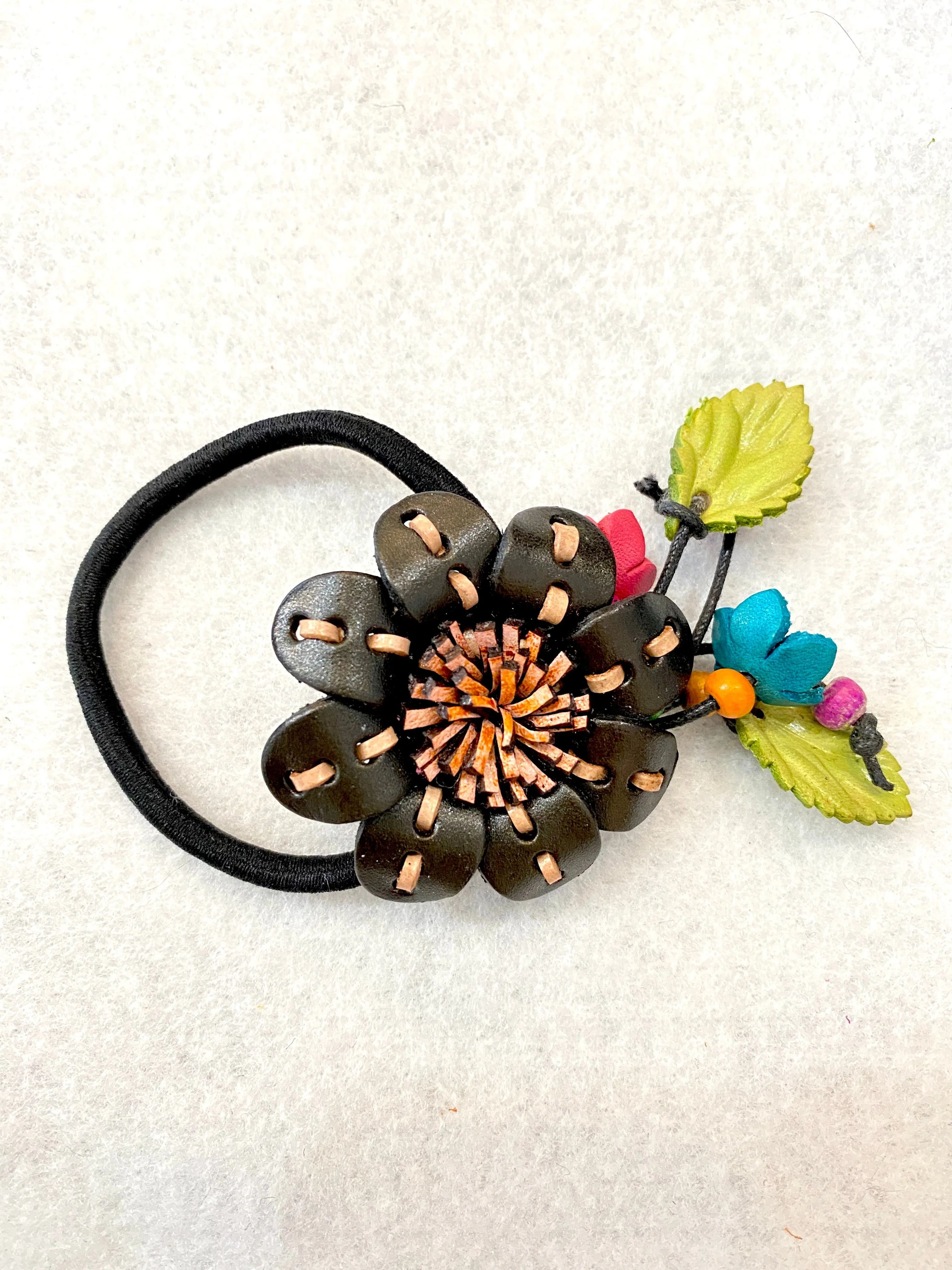 Flower Genuine Leather Scrunchies / Hair Ties with Dangling Flower Buds and Leaves