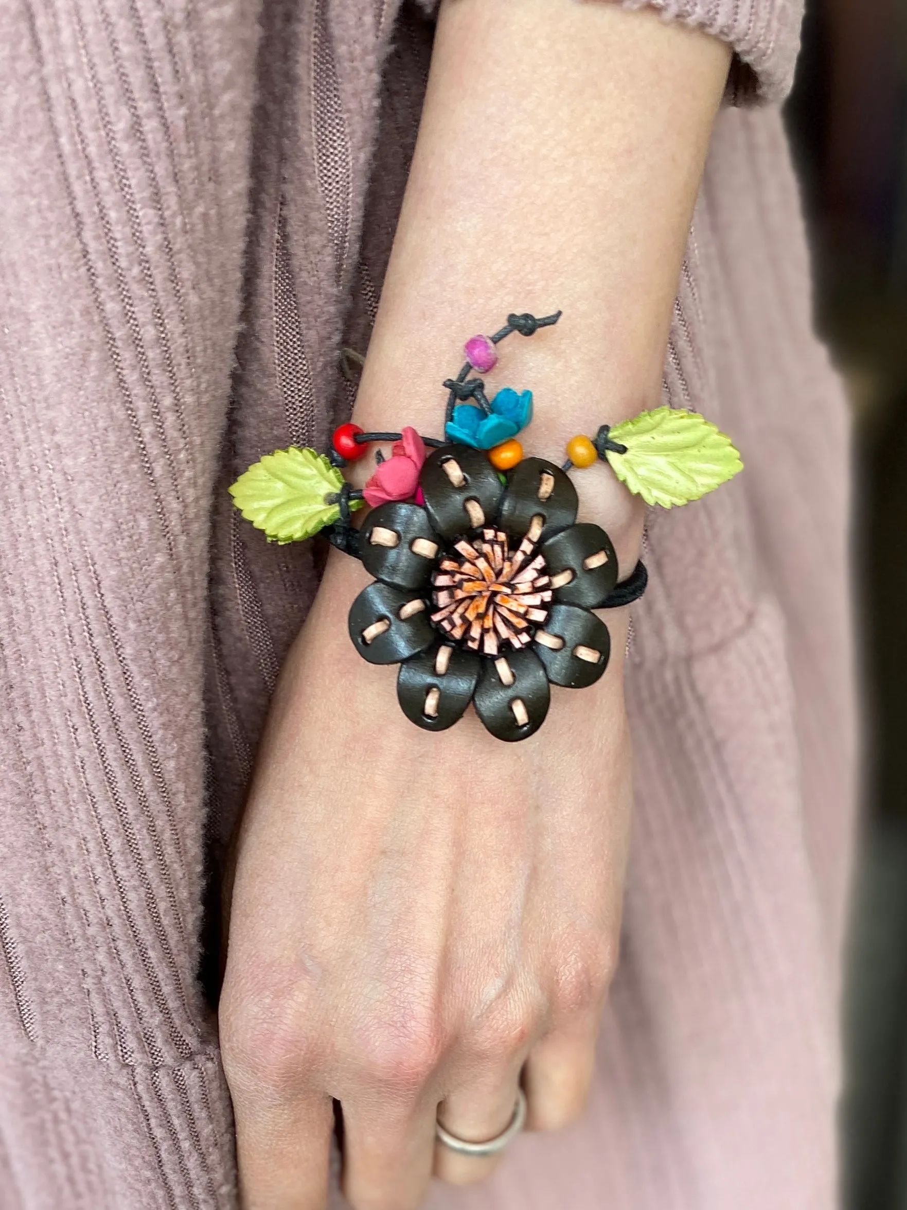 Flower Genuine Leather Scrunchies / Hair Ties with Dangling Flower Buds and Leaves