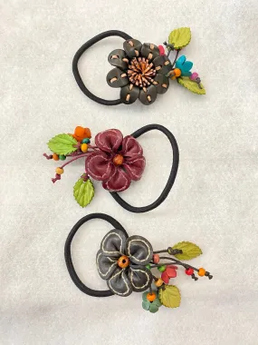 Flower Genuine Leather Scrunchies / Hair Ties with Dangling Flower Buds and Leaves