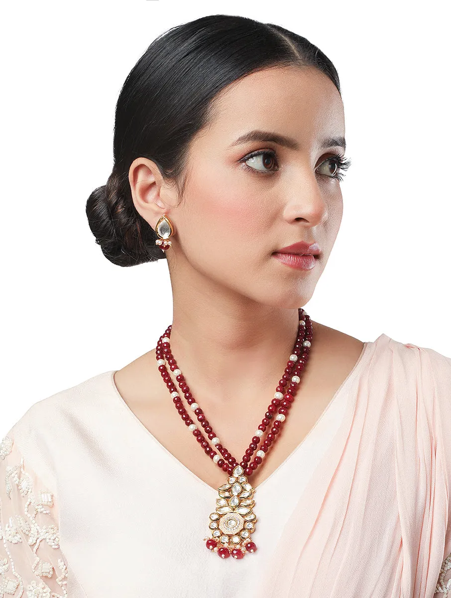 Golden and Maroon Kundan Polki Necklace Set