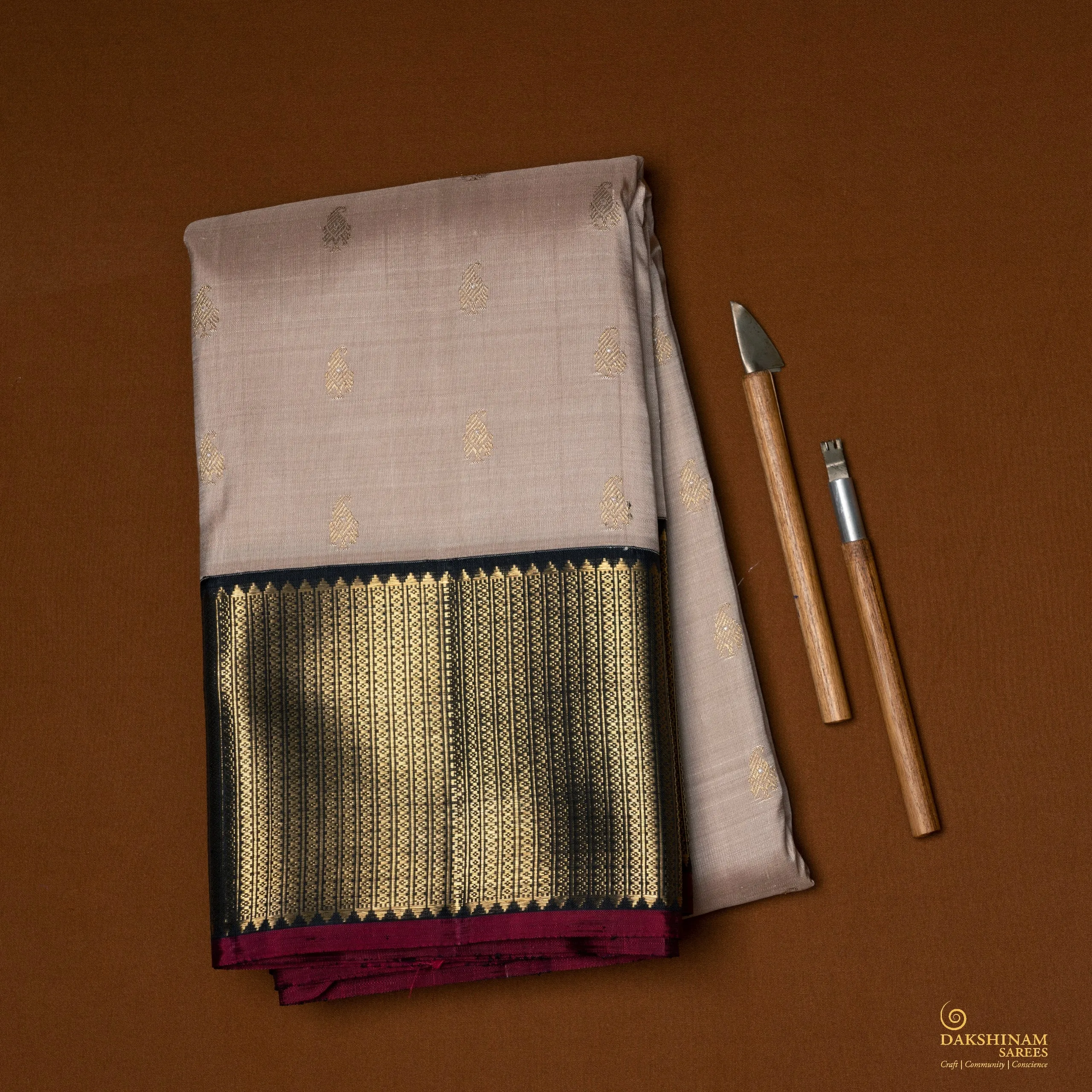 Handwoven Beige with Black Kanjivaram Silk Saree - 2044T008991DSC