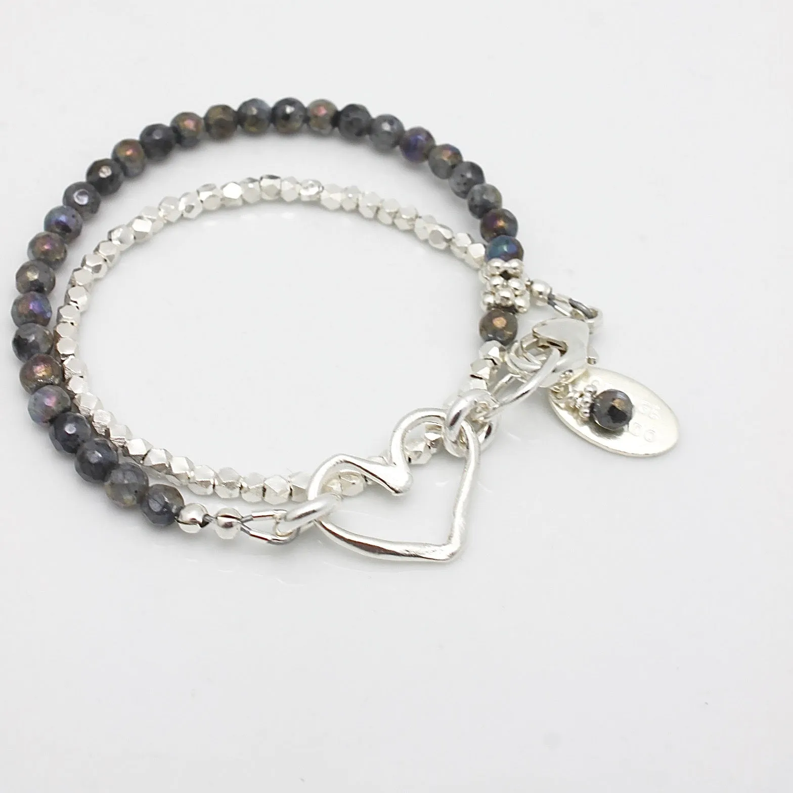 Labradorite & Fine silver Heart Double Wrap Bracelet (Personalization optional)