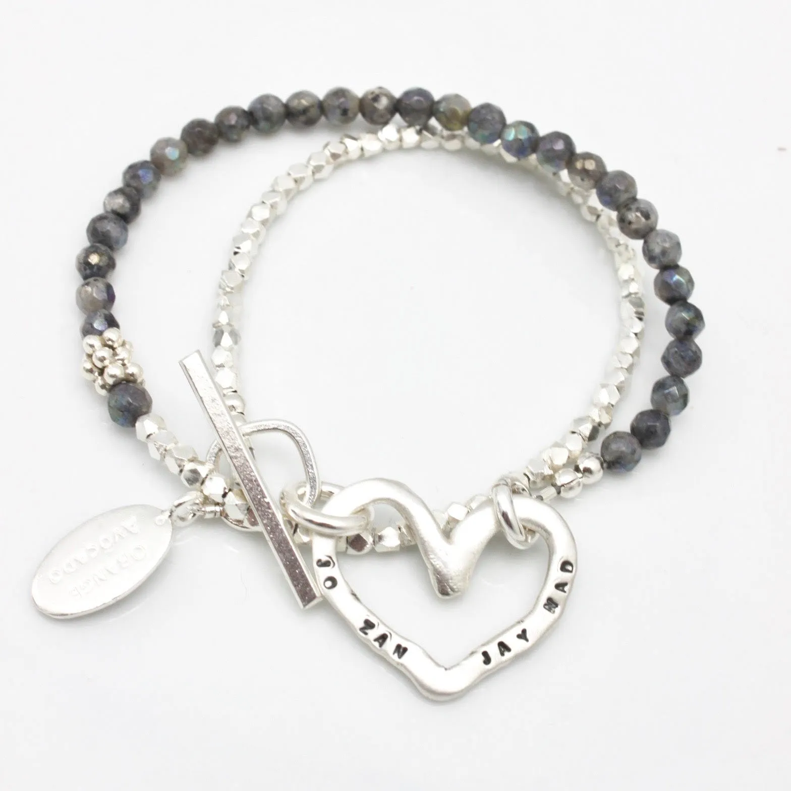 Labradorite & Fine silver Heart Double Wrap Bracelet (Personalization optional)