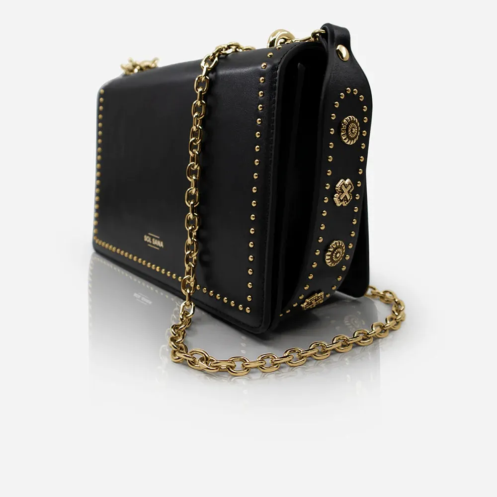 Leather Flap Bag Studded - Black / Gold