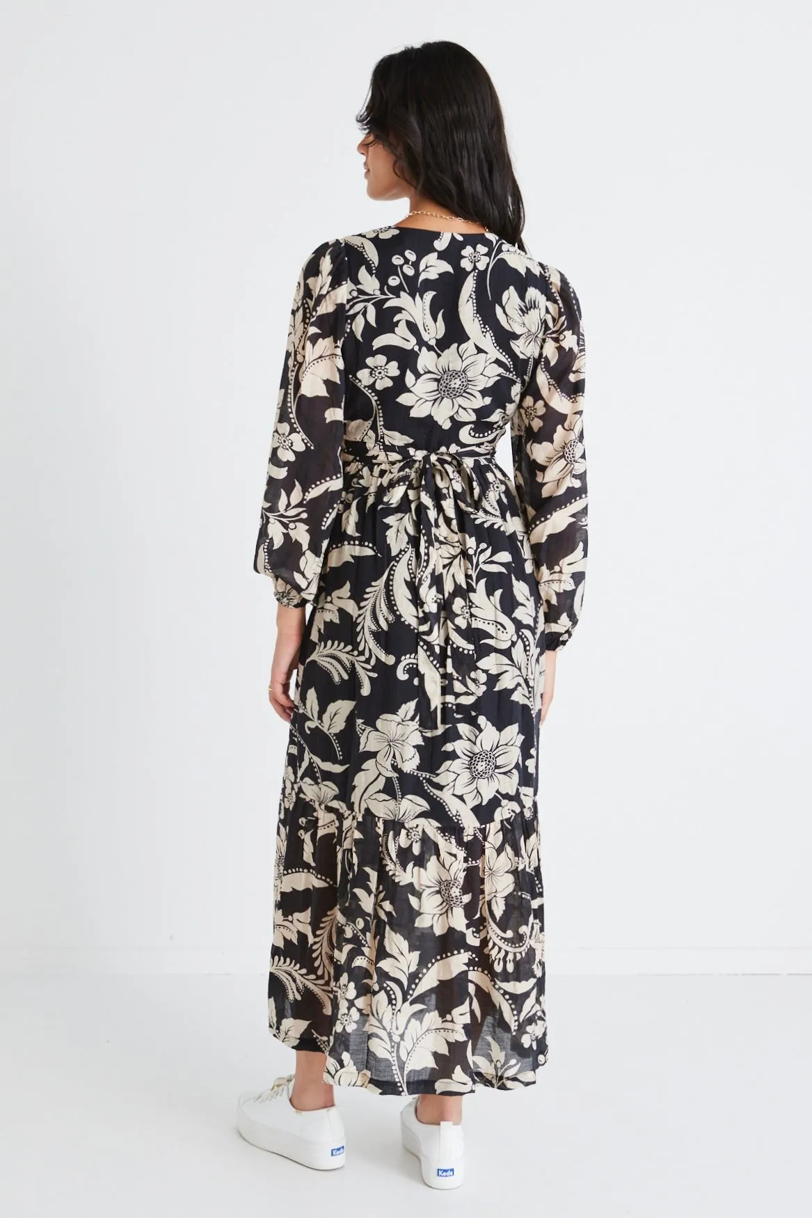 Ocean Black Cream Floral LS Wrap Dress