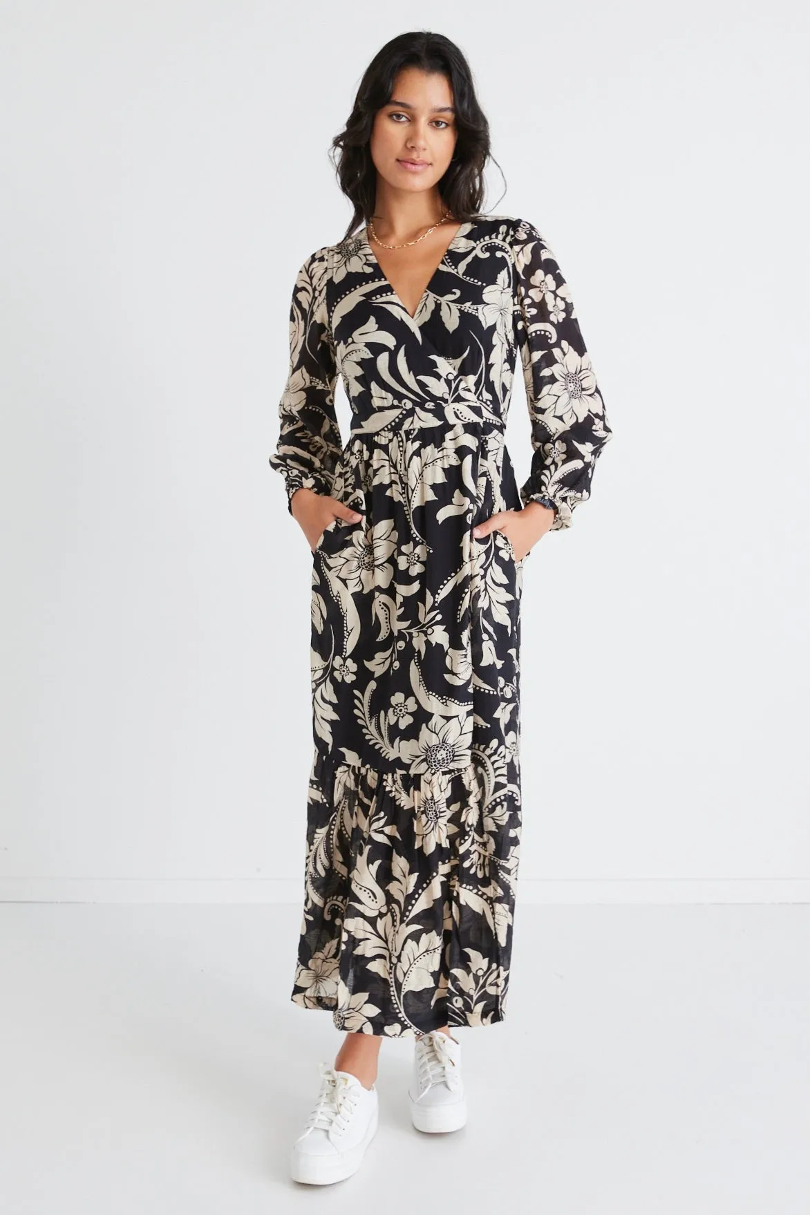 Ocean Black Cream Floral LS Wrap Dress