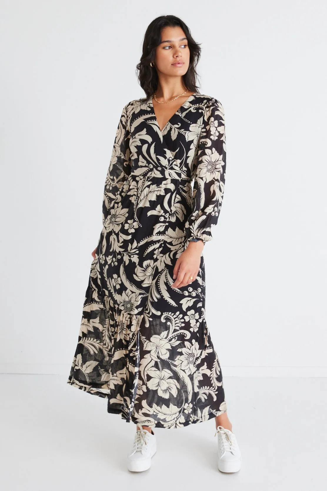 Ocean Black Cream Floral LS Wrap Dress