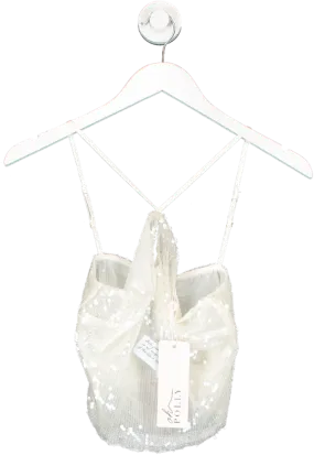 Oh Polly White Rhea  Sheer Sequin Keyhole Cut Out Halter Neck Crop Top UK 8