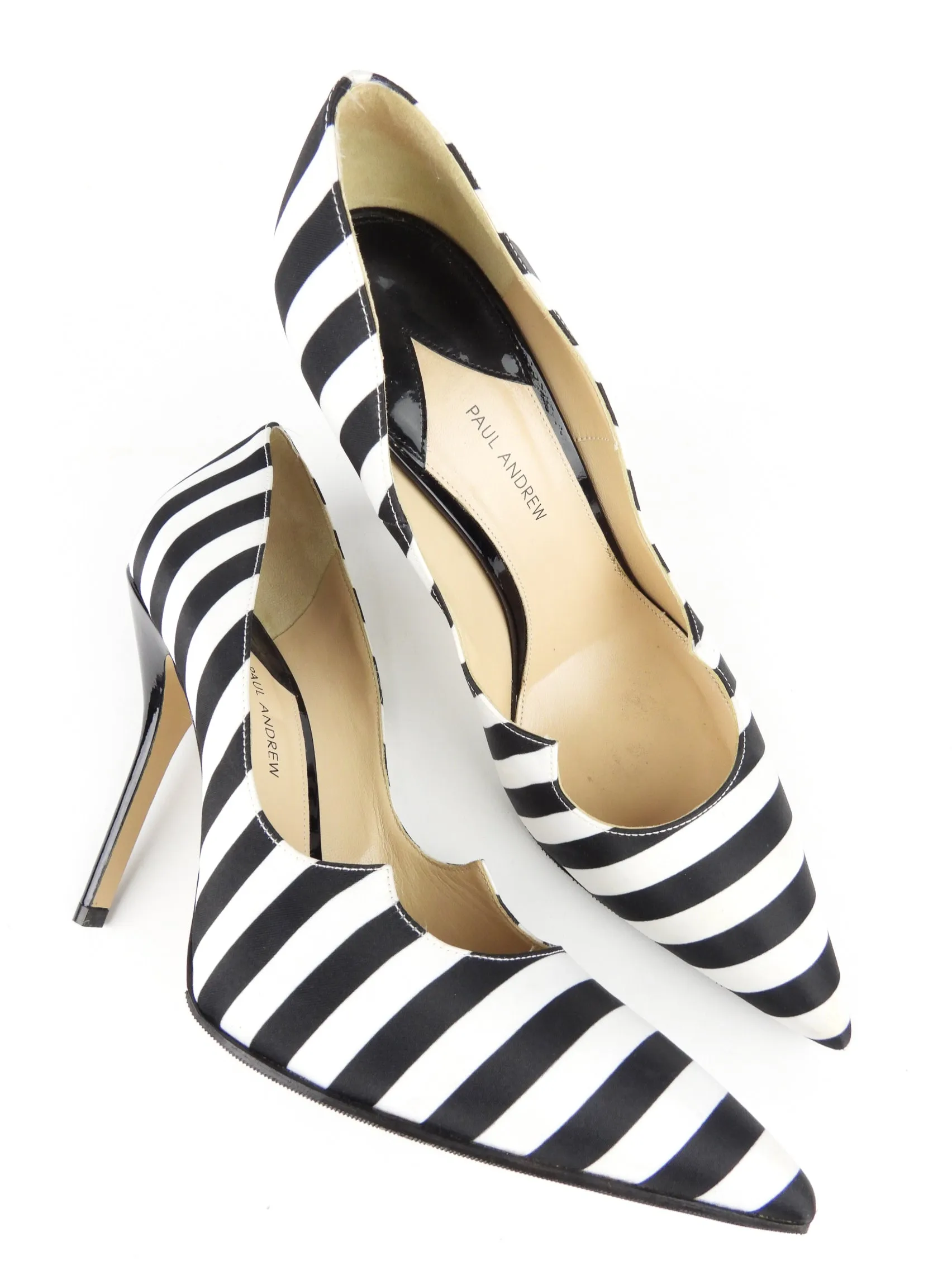 Paul Andrew Black and White Striped Satin Stiletto Heel Pumps - 41