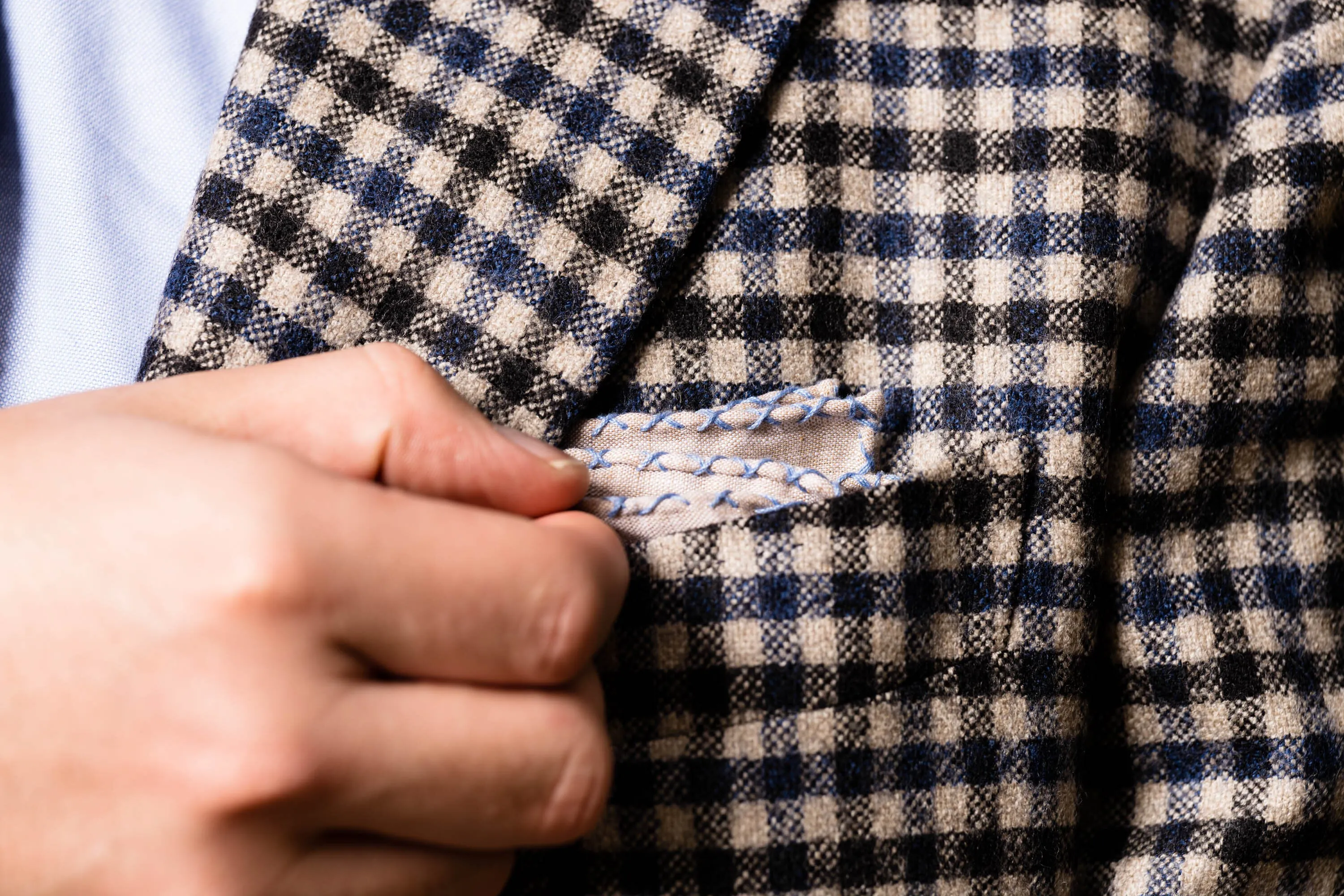 Periwinkle Blue X-Stitch Edge White Flannel Pocket Square