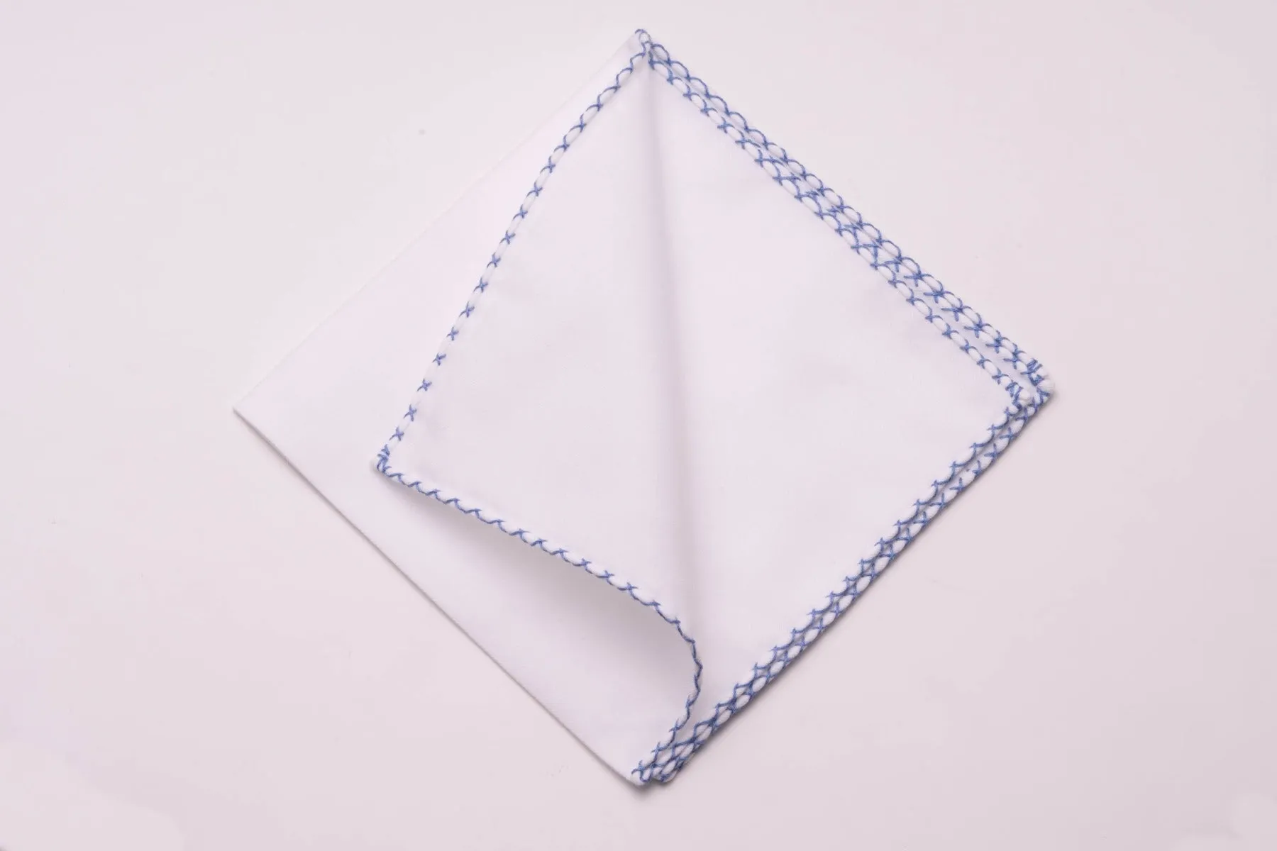 Periwinkle Blue X-Stitch Edge White Flannel Pocket Square