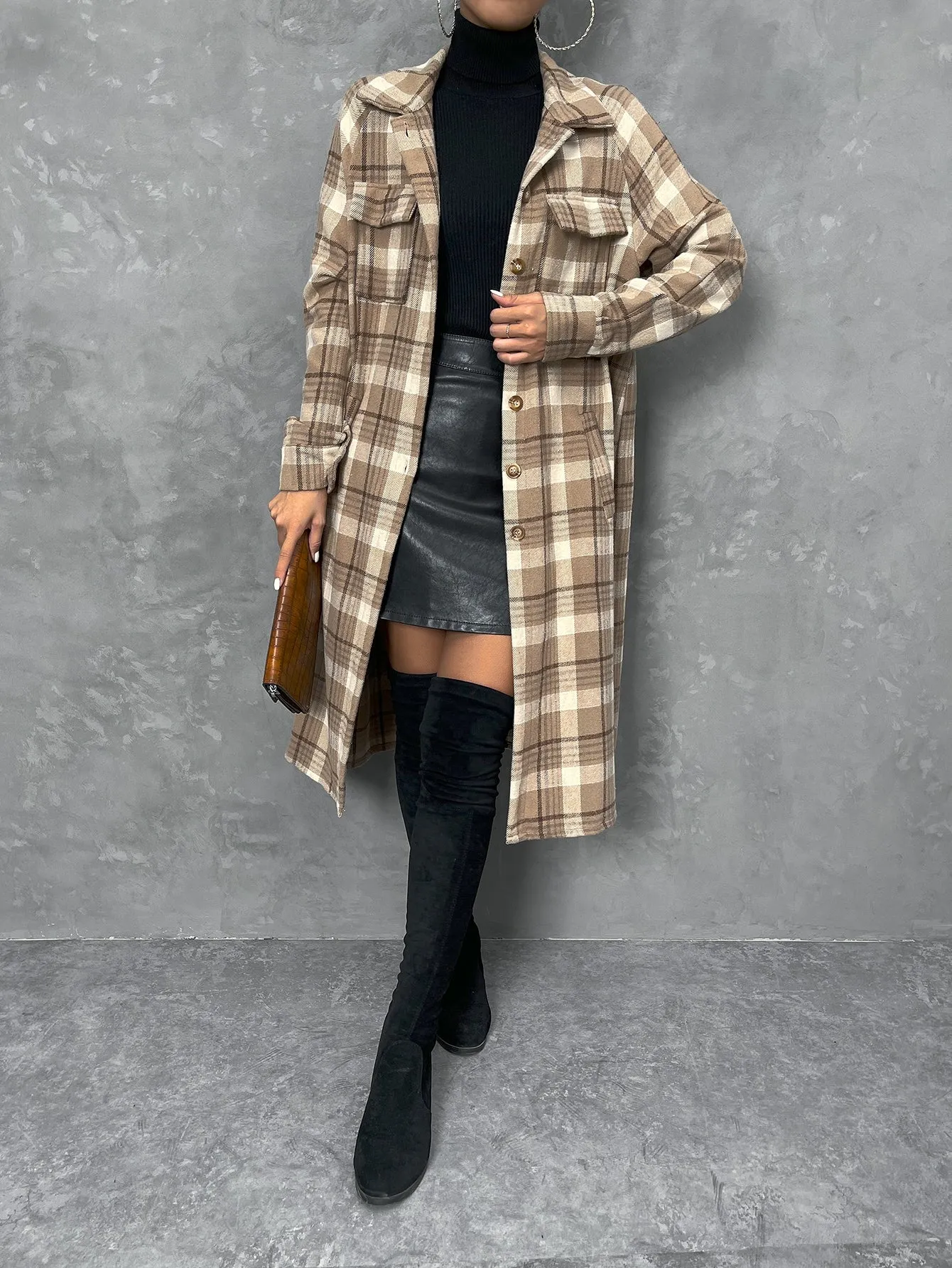 Plaid Print Flap Pocket Drop Shoulder Coat