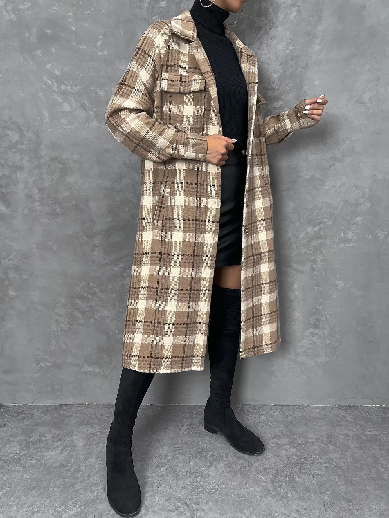 Plaid Print Flap Pocket Drop Shoulder Coat