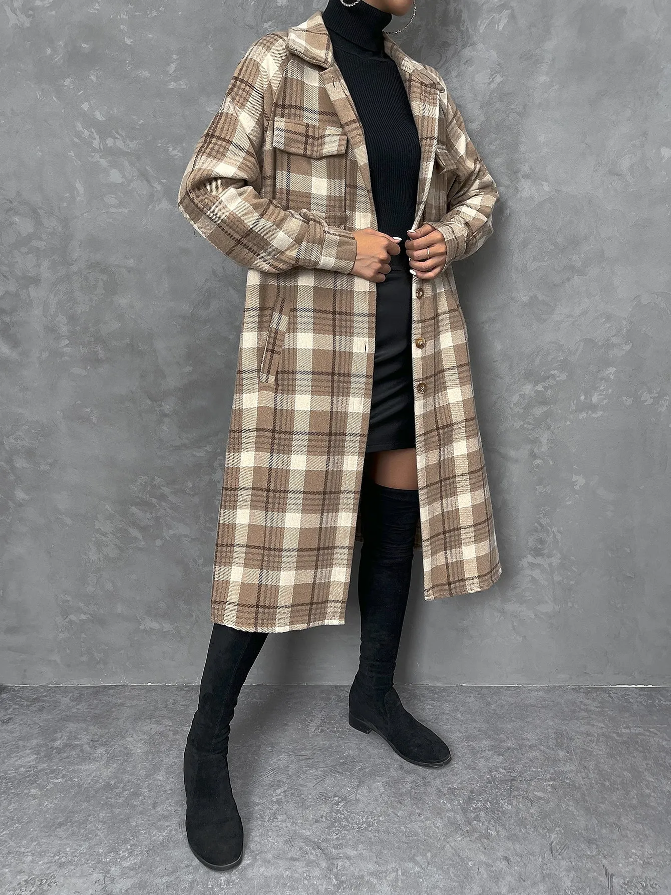 Plaid Print Flap Pocket Drop Shoulder Coat