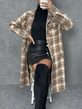 Plaid Print Flap Pocket Drop Shoulder Coat