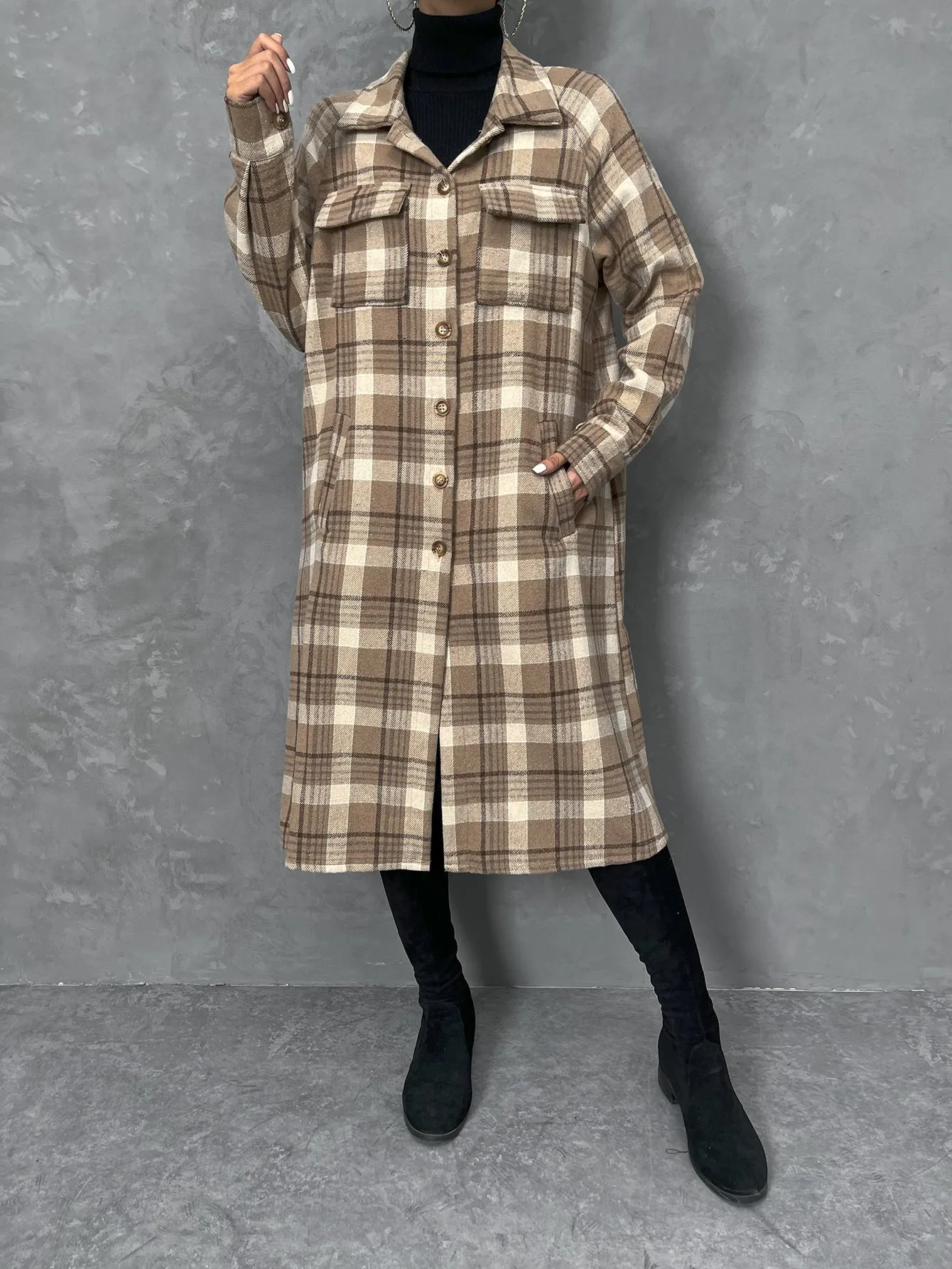 Plaid Print Flap Pocket Drop Shoulder Coat