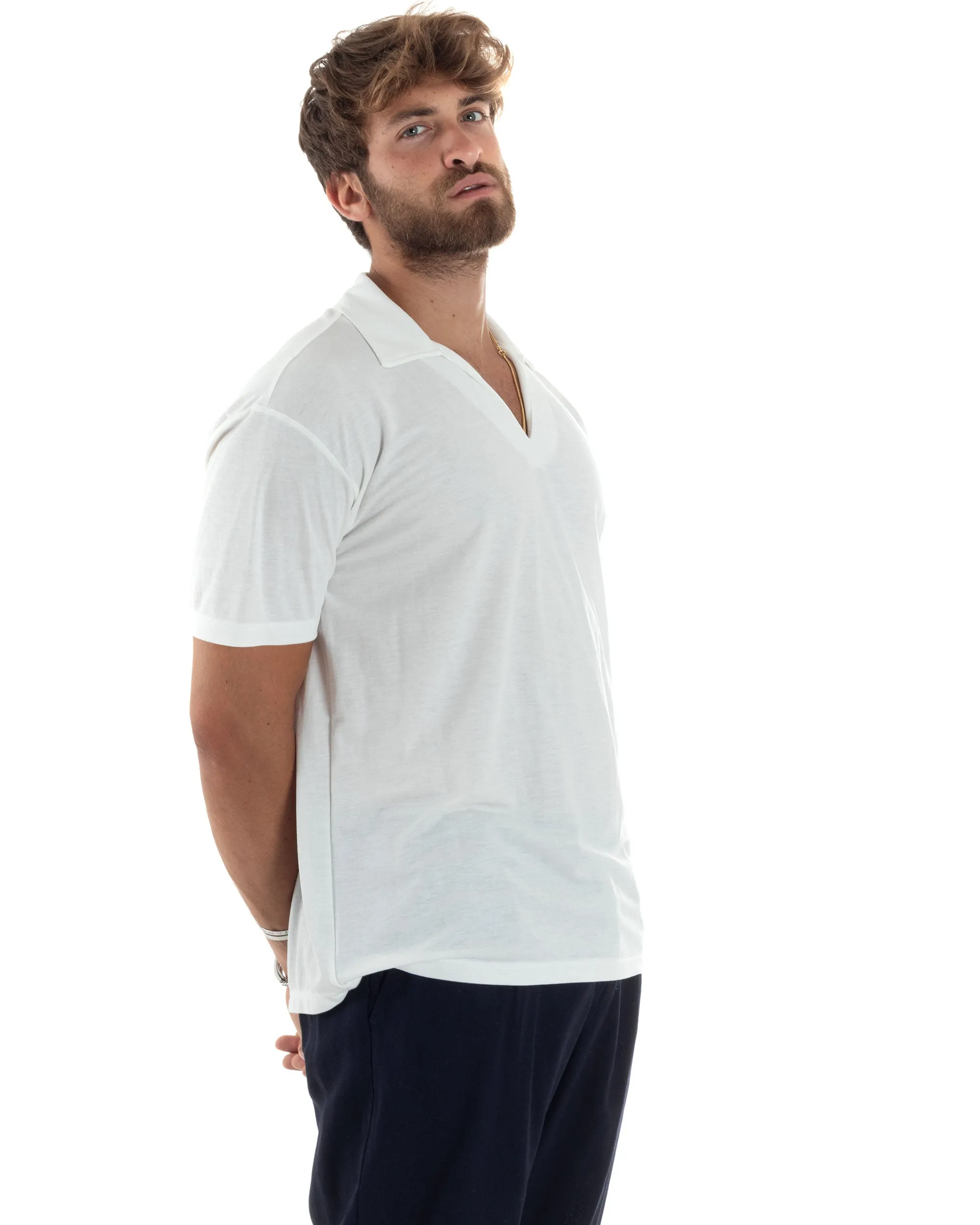 Polo Mezze Maniche Uomo Basic Scollo A V T-Shirt Con Colletto Tinta Unita Bianco GIOSAL-TS3071A