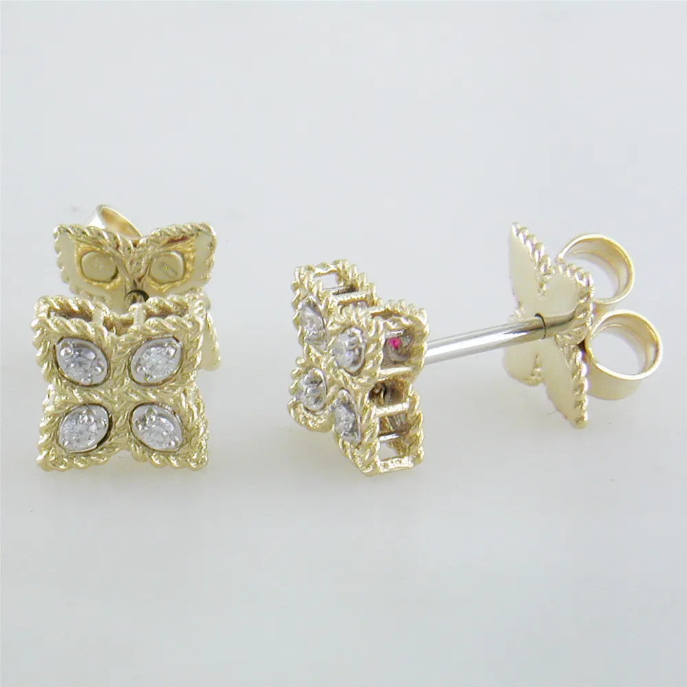 Roberto Coin Princess Flower Diamond Small Stud Earrings 18K Yellow Gold